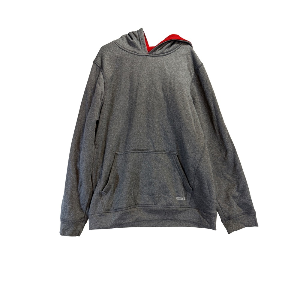 Tek Gear Performance Kids Hoodie L 14/16 Gray Red Mesh Lined Pullover Sweatshirt